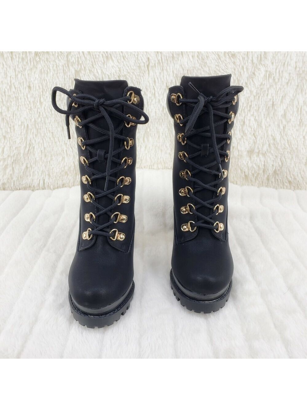 NIB CR Nellie Lace Up Ankle Boots 4.5" Wood Grain Chunky Flared Block Heels Bla